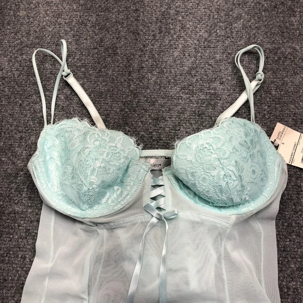 Delicates Aqua Mint Sorbet Lace Mesh Babydoll Lingerie Set with Thong Small NWT